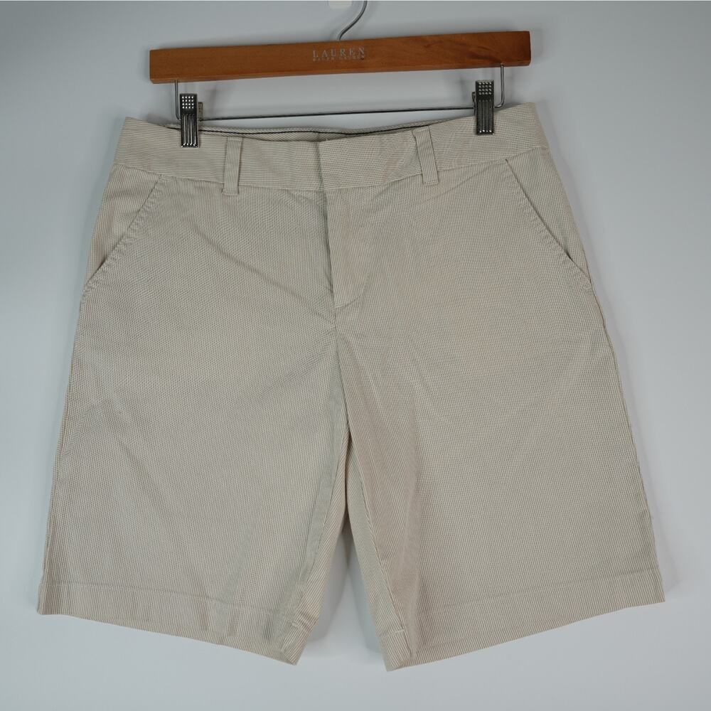 Tommy Hilfiger Shorts Womens 4 Chino Flat Front Beige Striped 9" Inseam Casual